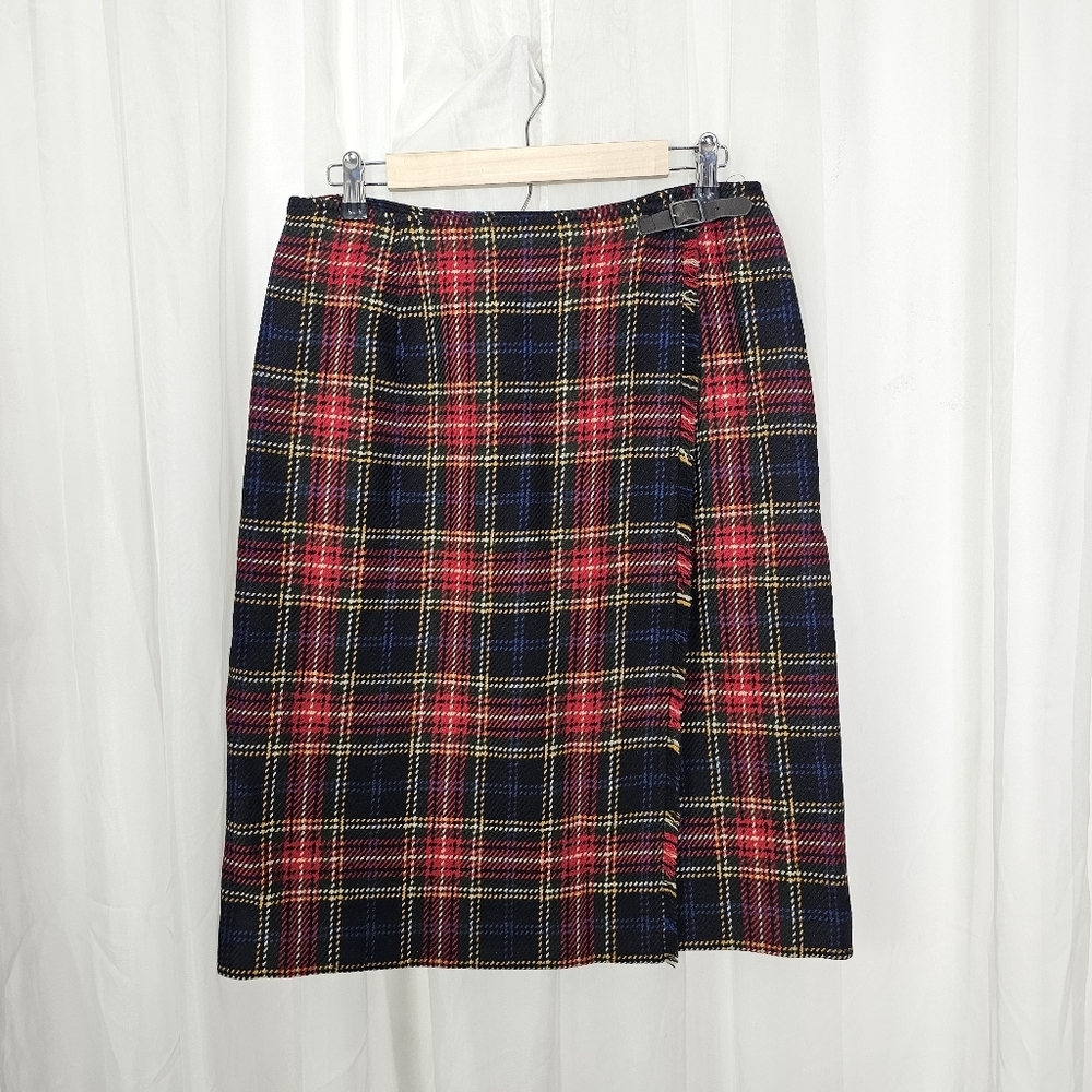 Jones New York Classic Plaid Wool Wrap Kilted Tartan Skirt Red Blue Buckle 14